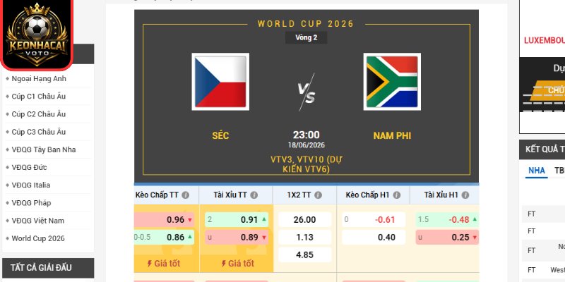 Kèo châu Âu trận CH Séc vs Nam Phi 23:00 ngày 18/06 (Bảng A - World Cup)