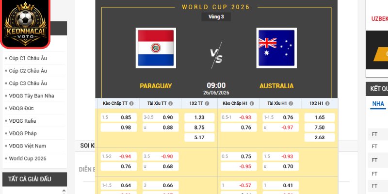 Kèo châu Âu trận Paraguay vs Úc 09:00 ngày 26/06 (Bảng D - World Cup)